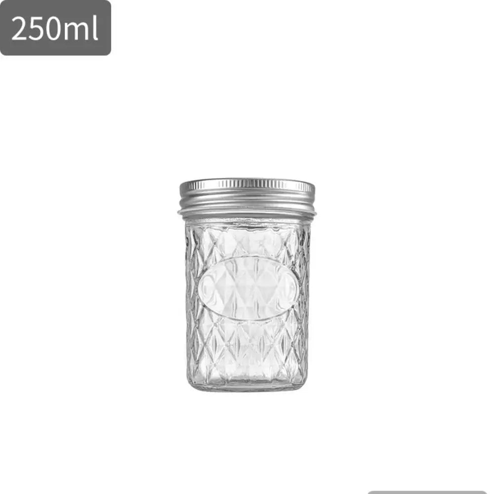 120ml-650ml Transparent Glass Sealed Bottle Mason Jar Diamond Pattern Jam Juice Bottle Labelable Seal Bottle Kitchen Tool