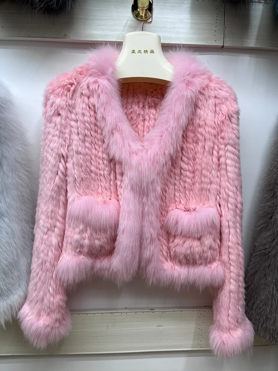 2023 Natural Rabbit Fur Coats Knitted Women's New Real Fox Fur Jackets Luxury Woman Clothing