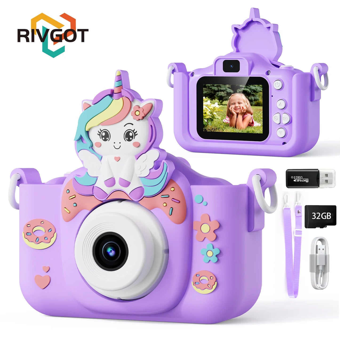 Kids Camera Toys 2-Inch IPS Screen Digital Cameras Photography Selfie With 32GB Card Educational Game for Girl Boy Birthday Gift