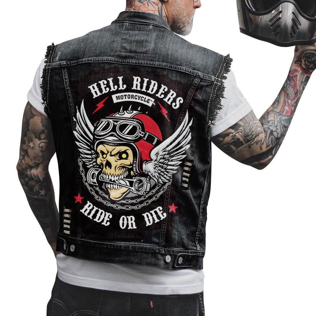 Casual Fashion Motorcycle Bone Print Men's Denim Vest