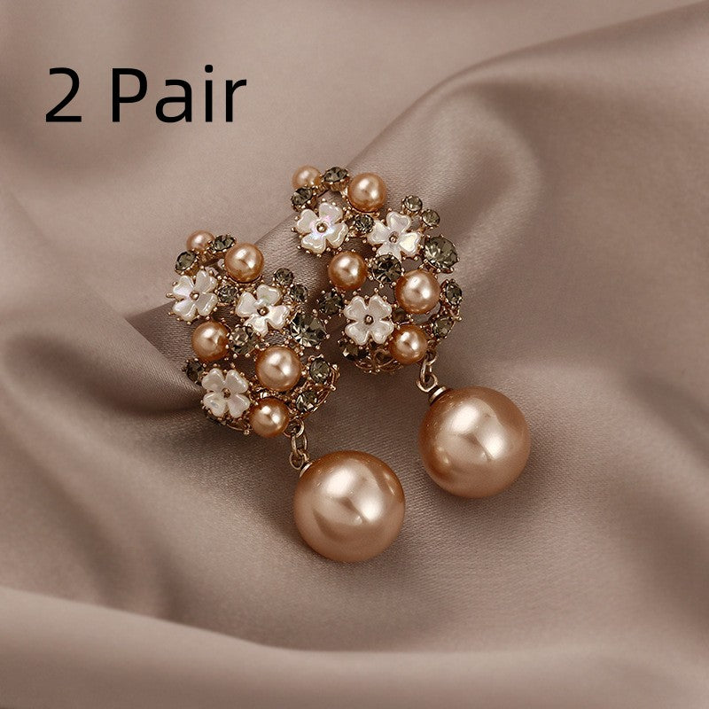Rhinestones Flowers Pearls Earrings Fashion Elegant French-style Stud Earring For Women