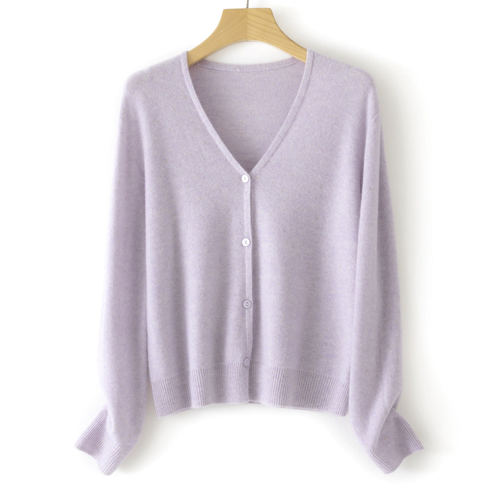 Women's Double Face Wool Leather V-neck Long-sleeved Knitted Cardigan