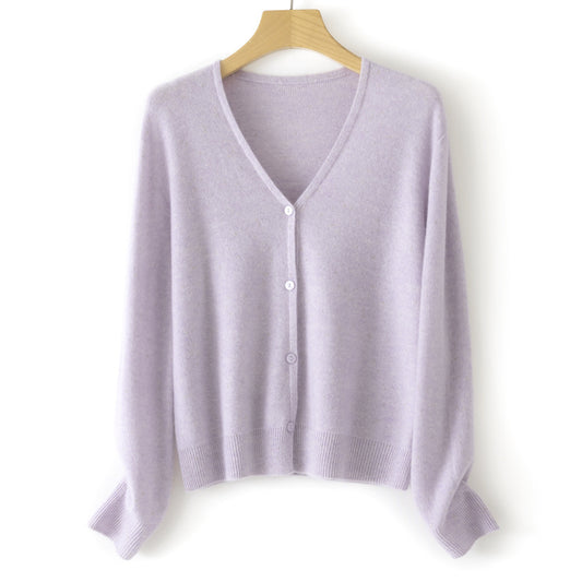 Women's Double Face Wool Leather V-neck Long-sleeved Knitted Cardigan