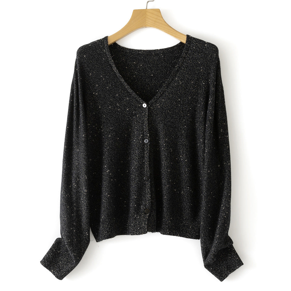 Women's Double Face Wool Leather V-neck Long-sleeved Knitted Cardigan