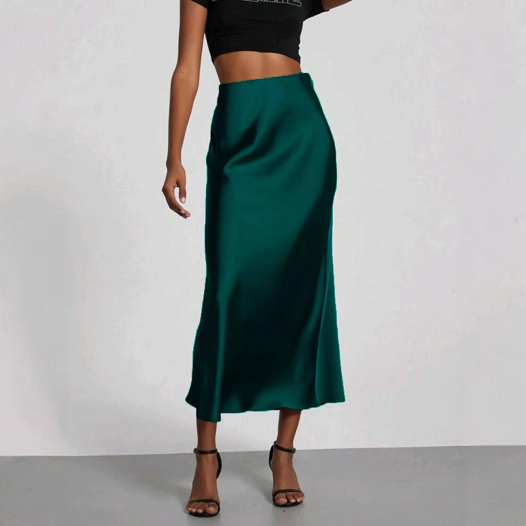 Women's Slim Fit Satin Skirt Fashion Chic Solid Long Skirt