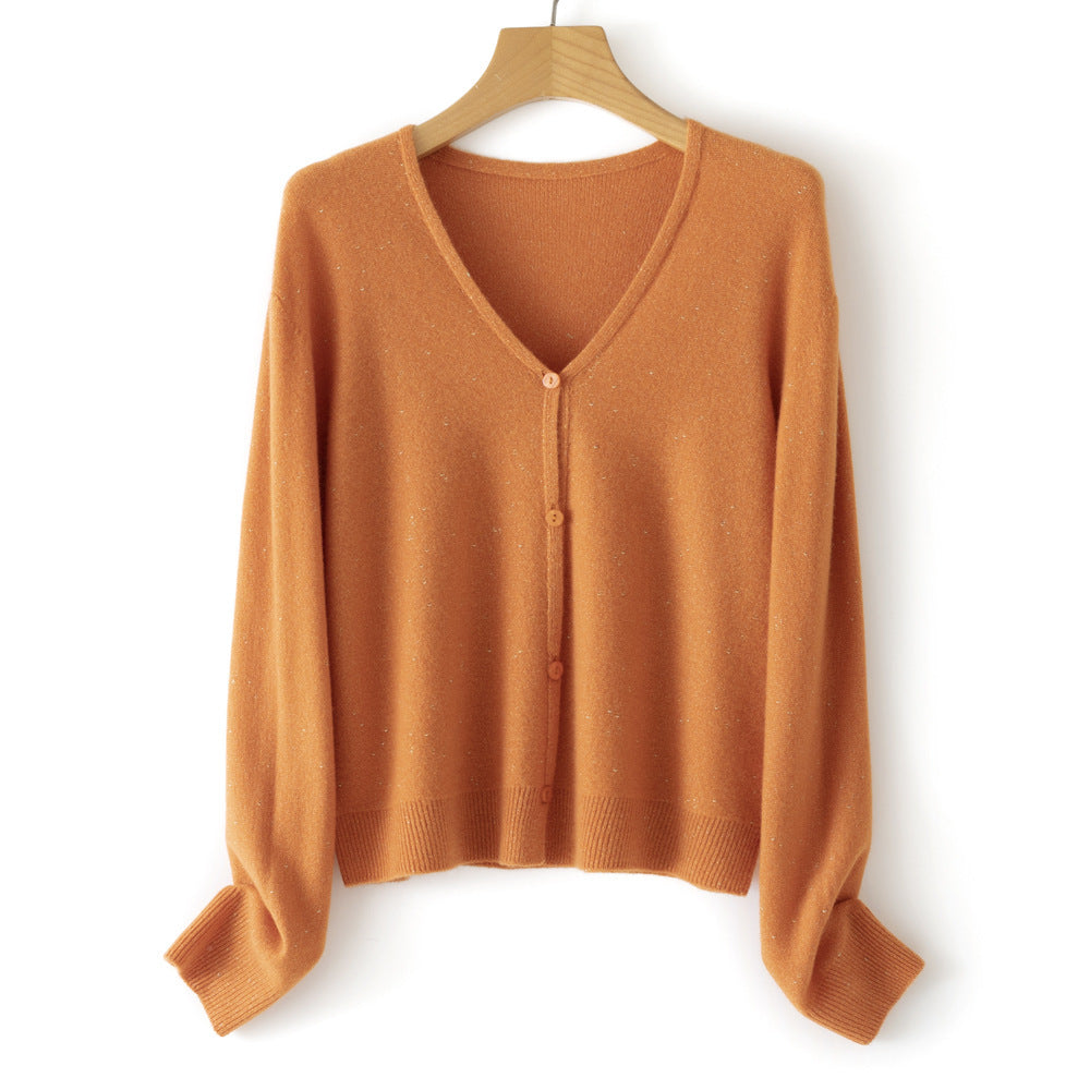 Women's Double Face Wool Leather V-neck Long-sleeved Knitted Cardigan