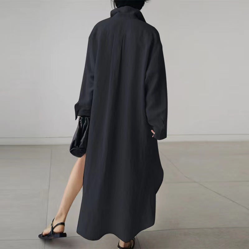 Women's Slit Shirt Dress Solid Color Long-sleeved Cardigan Irregular Long Dress