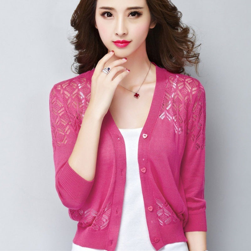 V-neck Short Outer Wear Cardigan Hollow-out Knitted Coat