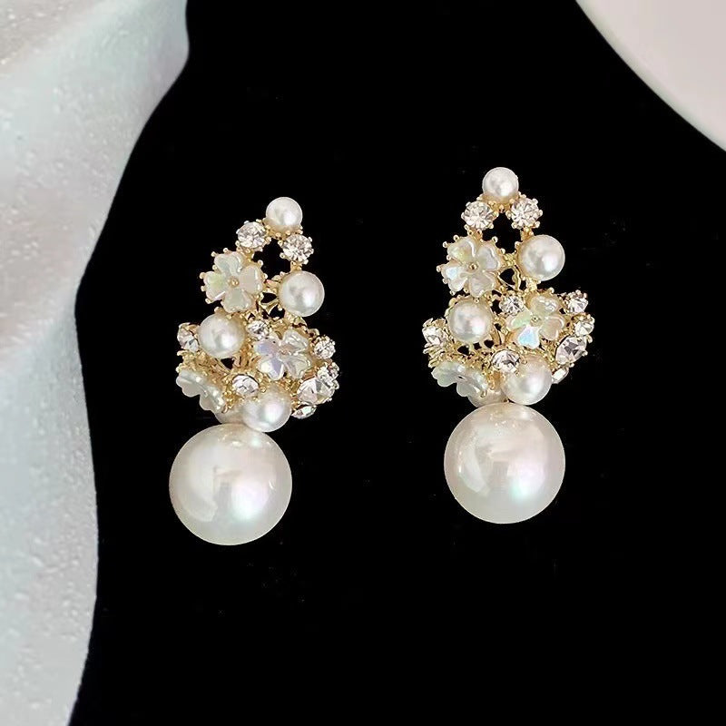 Rhinestones Flowers Pearls Earrings Fashion Elegant French-style Stud Earring For Women