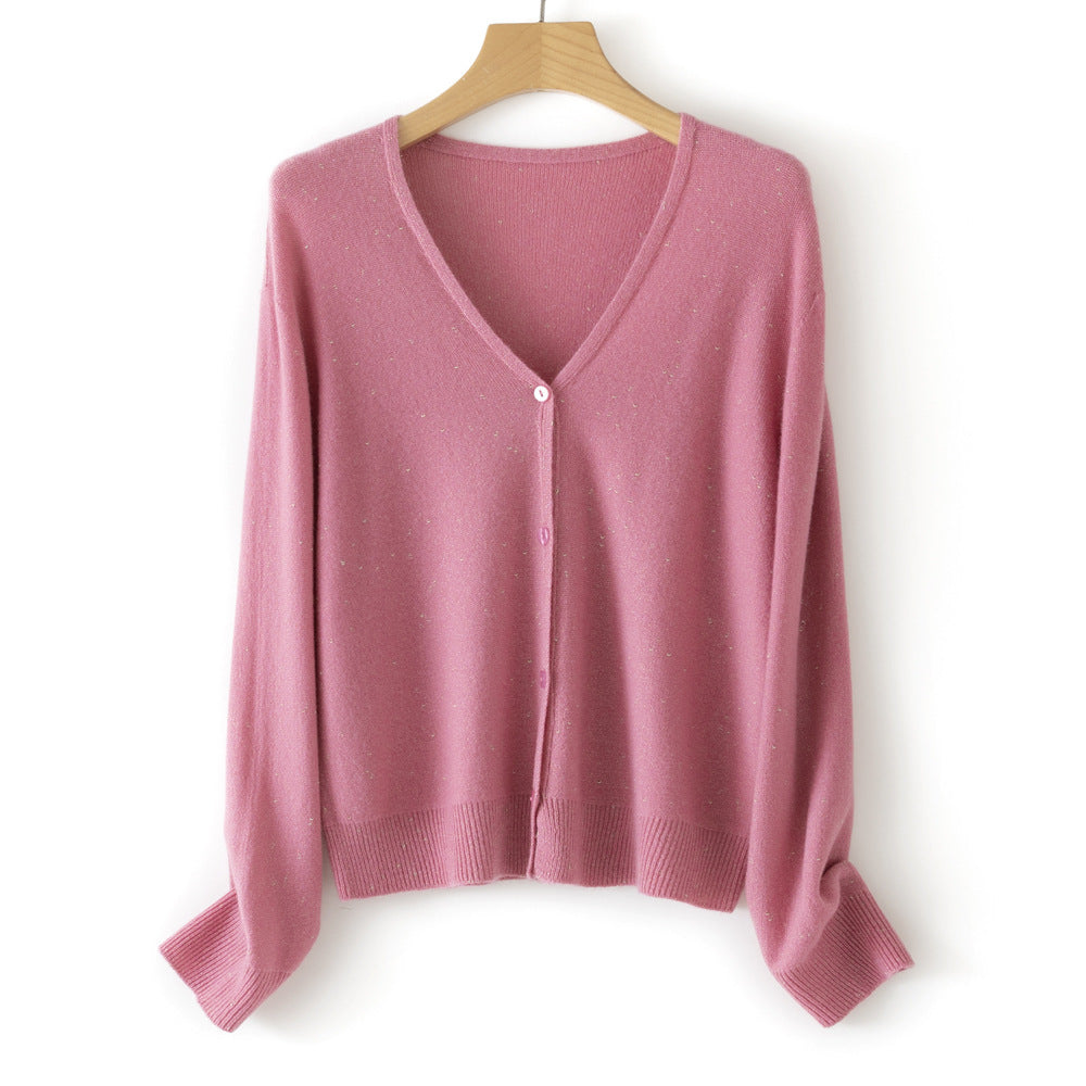 Women's Double Face Wool Leather V-neck Long-sleeved Knitted Cardigan