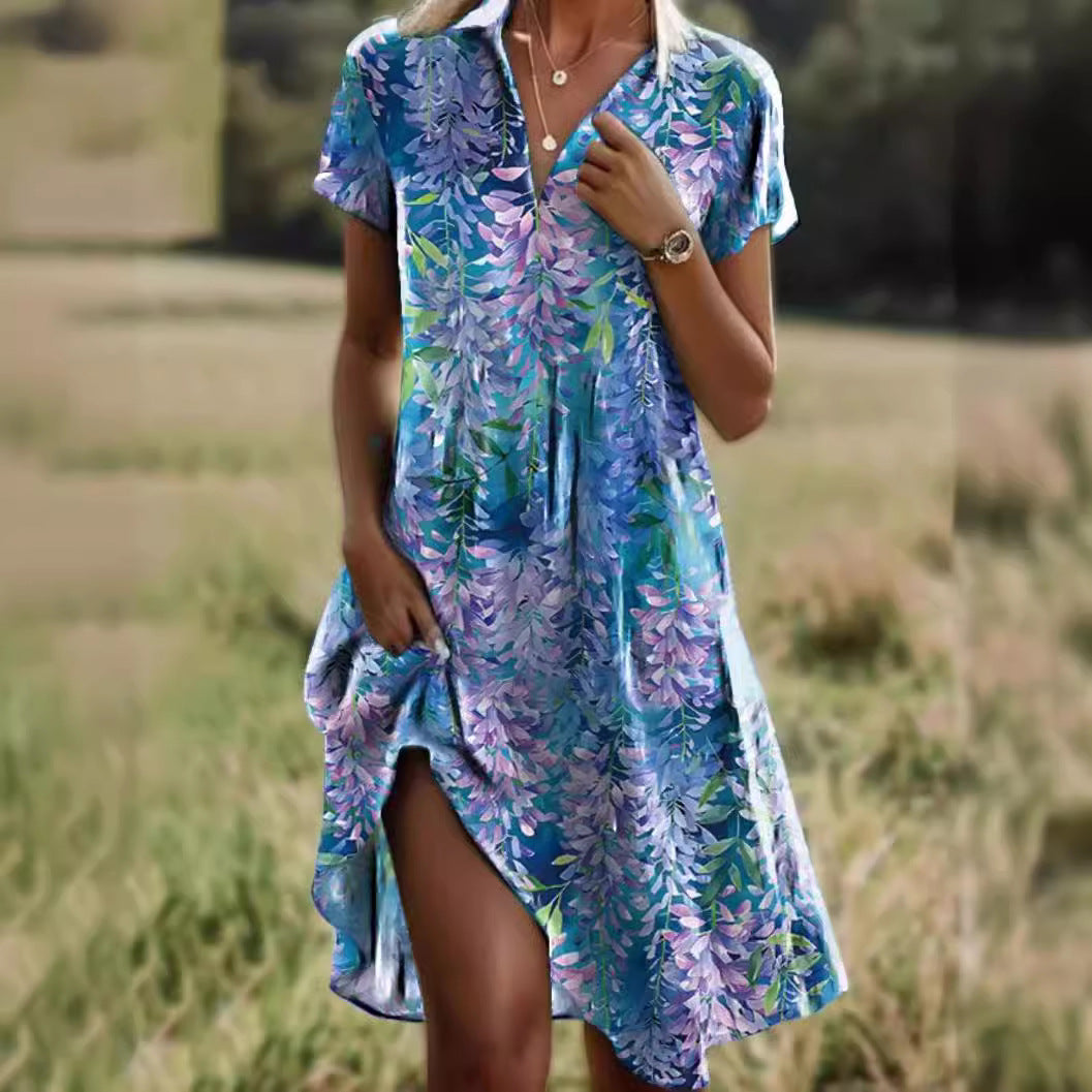 Summer Polka Dot Print Dress Fashion Casual V-Neck Short Sleeve Dresses Beach Daily Clothing For Women