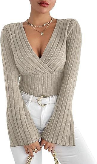 Women's Autumn And Winter Rib Sunken Stripe V-neck Flared Slim-fit Long Sleeve T-shirt Elegant Women's Top