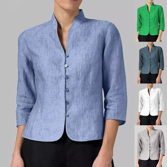 Slim Three-quarter Sleeve Button Jacket INS Fashion V-neck Stand Collar Outwear Tops Solid Color Clothing For Women