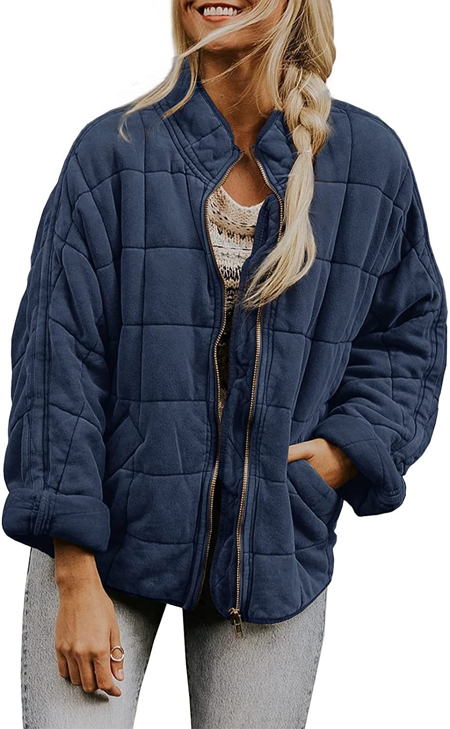 Winter Zip-up Stand Collar Coat With Pockets Fashion Solid Color Plaid Long Sleeved Jacket Women's Clothing