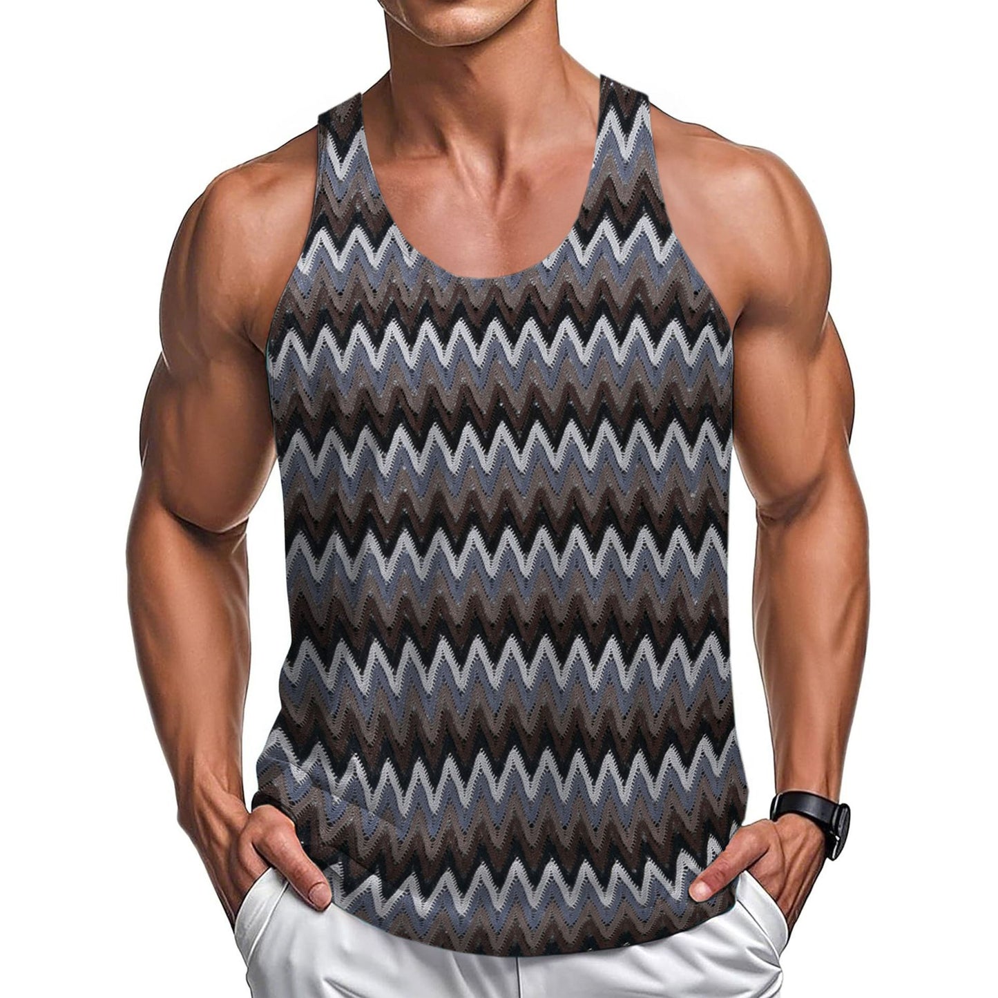 Summer Casual Men's Clothing Retro Style Contrast Color Wave Color Stripes Fabric Vest