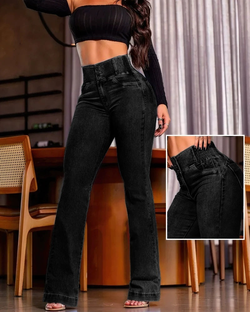 Sexy Elegant New Fashion Casual Female Trouser Bottom Back Shirred Button Front High Waist Jeans