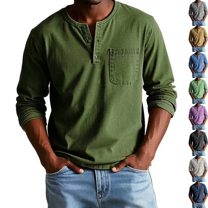 Camiseta Masculina Manga Longa com Decote em V e Botões – Estilo Casual