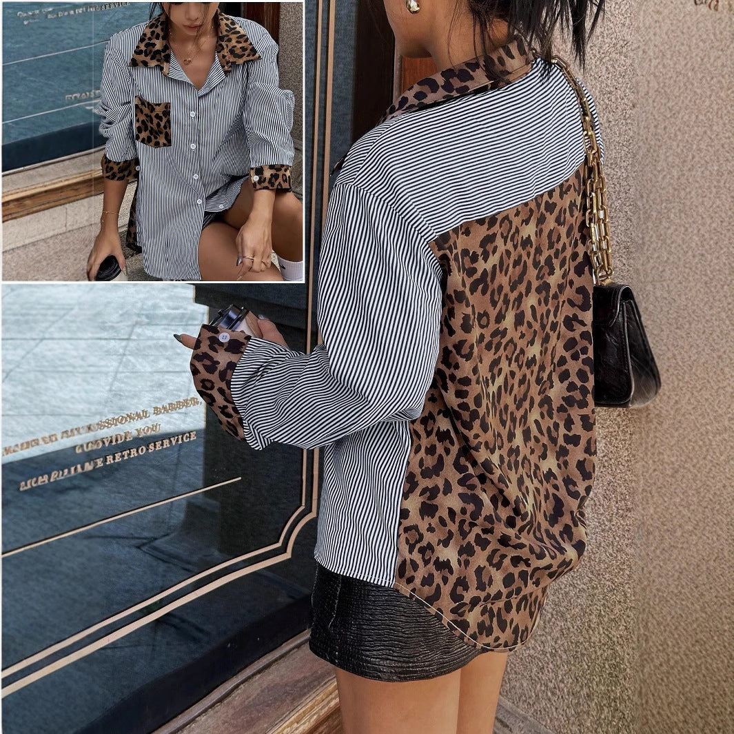 INS Leopard Striped Patchwork Shirt Fashion Casual Long-sleeved Button Lapel Top Women's Clothing