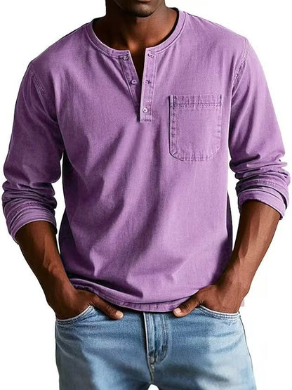 Camiseta Masculina Manga Longa com Decote em V e Botões – Estilo Casual