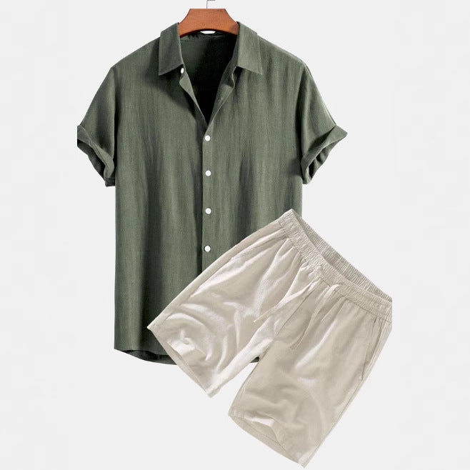 Men's Solid Color Casual Short-sleeved Shirt Shorts Suit