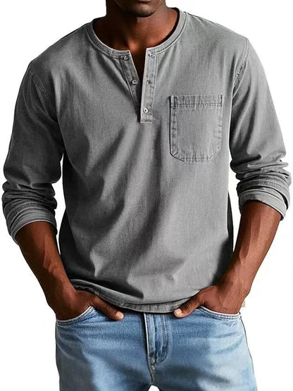 Camiseta Masculina Manga Longa com Decote em V e Botões – Estilo Casual