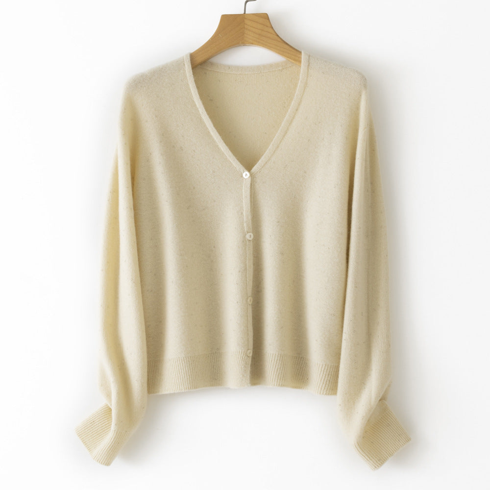 Women's Double Face Wool Leather V-neck Long-sleeved Knitted Cardigan