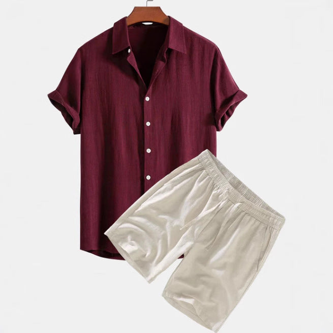 Men's Solid Color Casual Short-sleeved Shirt Shorts Suit