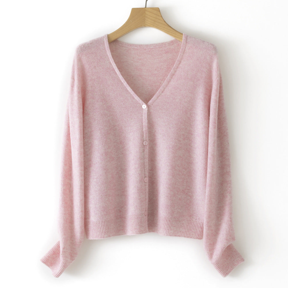 Women's Double Face Wool Leather V-neck Long-sleeved Knitted Cardigan