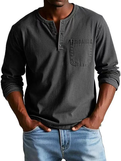 Camiseta Masculina Manga Longa com Decote em V e Botões – Estilo Casual