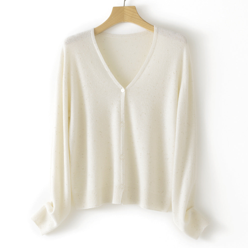 Women's Double Face Wool Leather V-neck Long-sleeved Knitted Cardigan