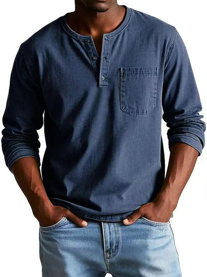 Camiseta Masculina Manga Longa com Decote em V e Botões – Estilo Casual