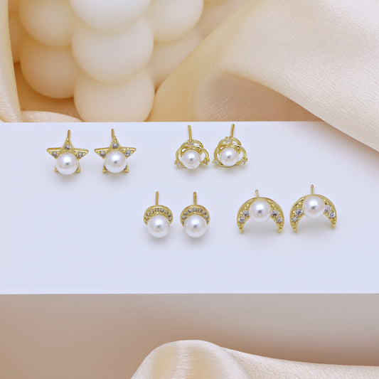 Moon Flower-shaped Pearl Zircon Round Earrings