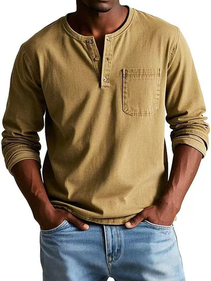 Camiseta Masculina Manga Longa com Decote em V e Botões – Estilo Casual