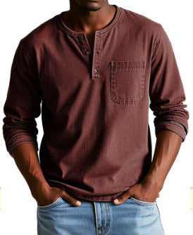V-neck Long-sleeved T-shirt With Button Design Fashion Casual Solid Color Pullover Top Men's Clothing