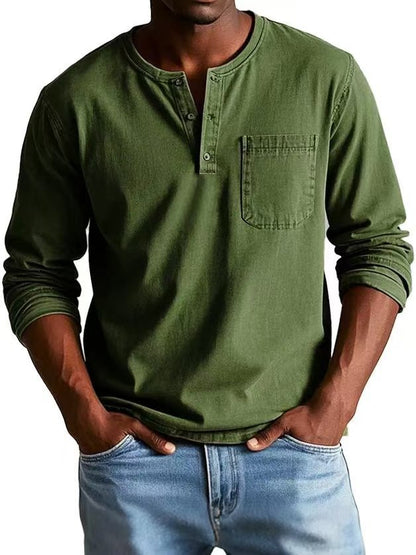 Camiseta Masculina Manga Longa com Decote em V e Botões – Estilo Casual
