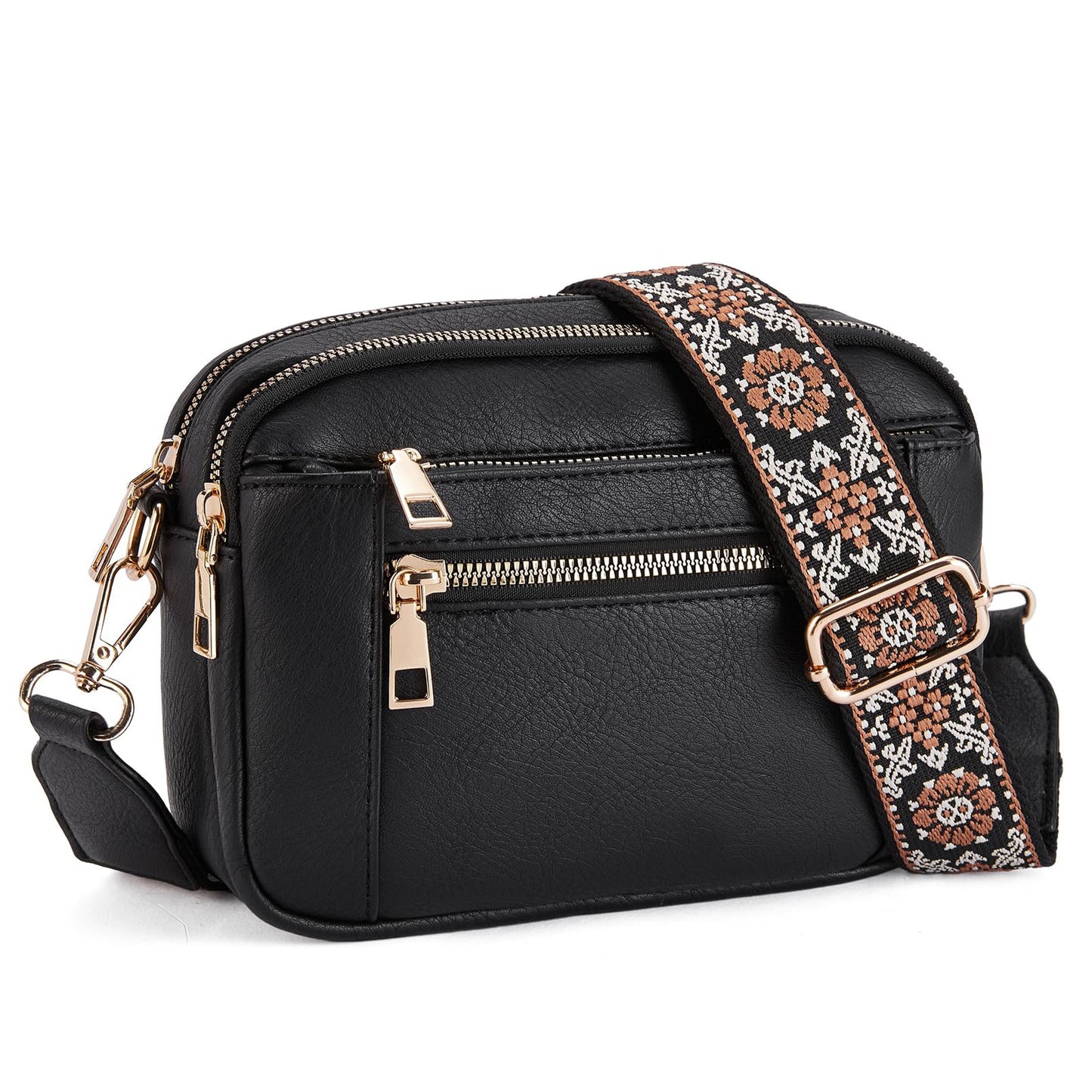 Triple-zipper Shoulder Bag With Floral Embroidered Straps Fashion Colorblock Multi-functional Crossbody Bags For Women