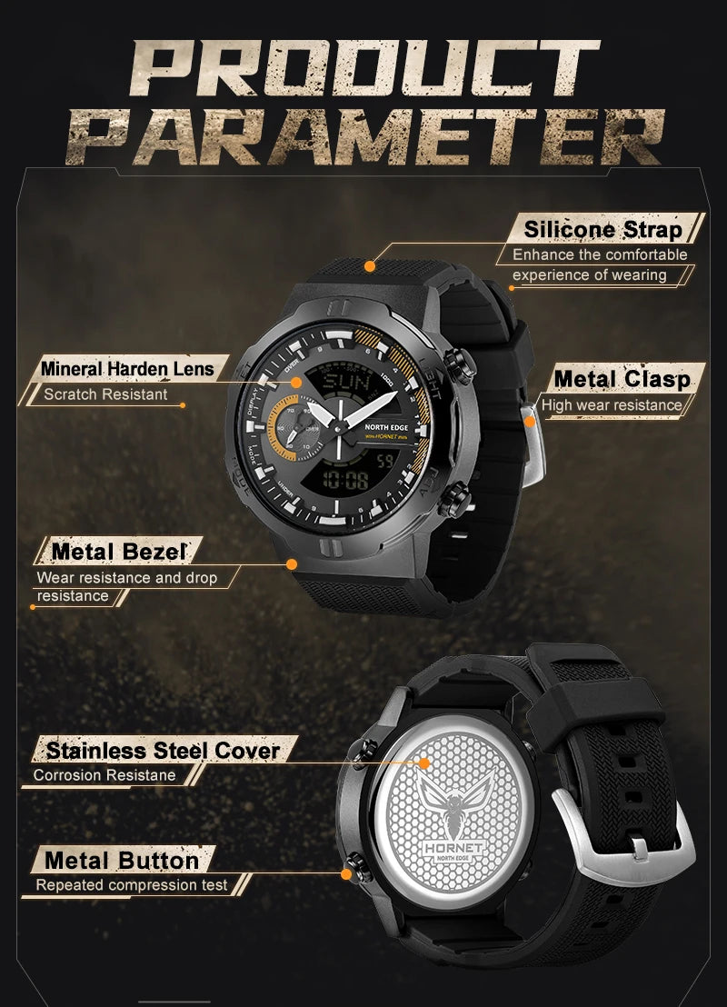 NORTH EDGE Mens Smart Watch World Time Clock Countdown Speed Stopwatch Male's Military Army Smartwatches Swimming Waterproof 50m