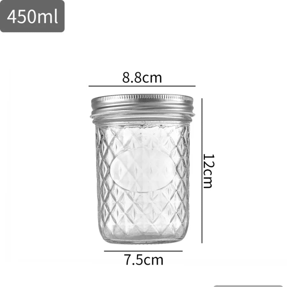 120ml-650ml Transparent Glass Sealed Bottle Mason Jar Diamond Pattern Jam Juice Bottle Labelable Seal Bottle Kitchen Tool