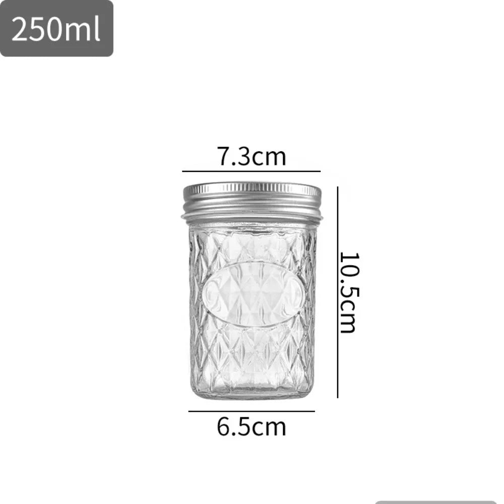 120ml-650ml Transparent Glass Sealed Bottle Mason Jar Diamond Pattern Jam Juice Bottle Labelable Seal Bottle Kitchen Tool
