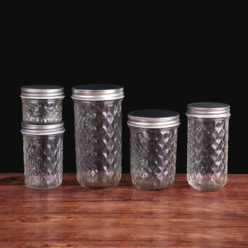 120ml-650ml Transparent Glass Sealed Bottle Mason Jar Diamond Pattern Jam Juice Bottle Labelable Seal Bottle Kitchen Tool