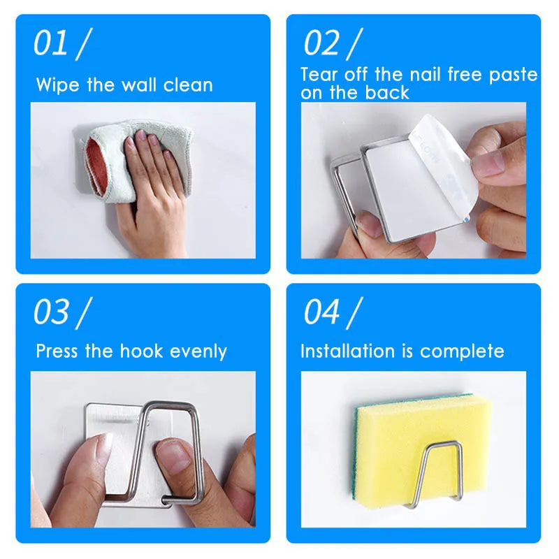 Kitchen Stainless Steel Sink Sponges Holder Self Adhesive Drain Drying Rack Kitchen Wall Hooks Accessories Storage Organizer