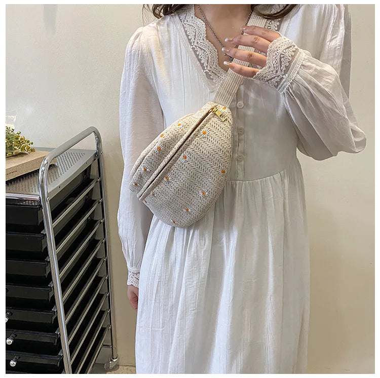Women's Waist Bag Straw Woven Ladies Shoulder Crossbody Bags for Women 2023 Summer Fanny Pack Fashion Phone Female Chest Bag