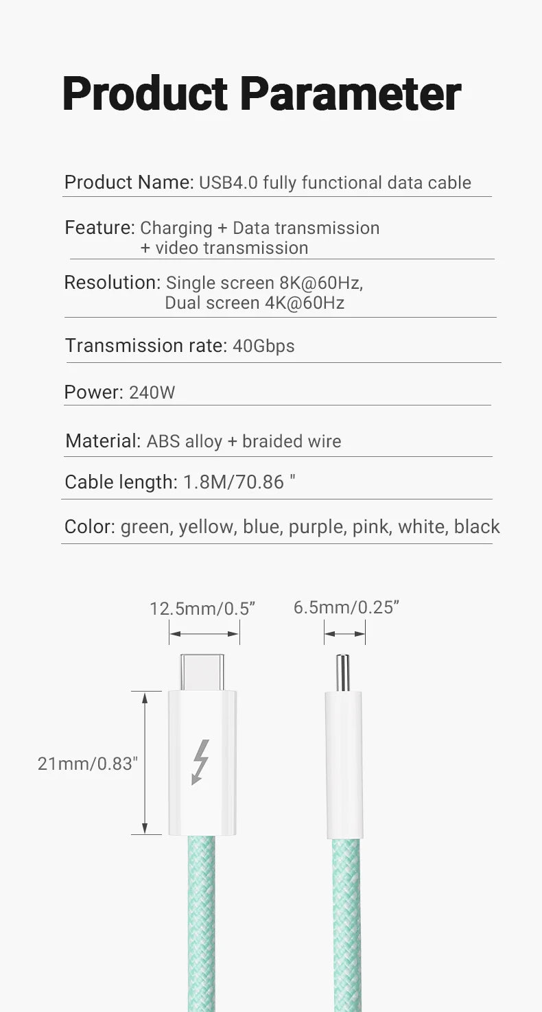 USB4 Fully Functional Data Cable with 8K60Hz Video Output, 40Gbps Data Transmission, PD Charing, 1.8m USB-C to USB-C Data Cable