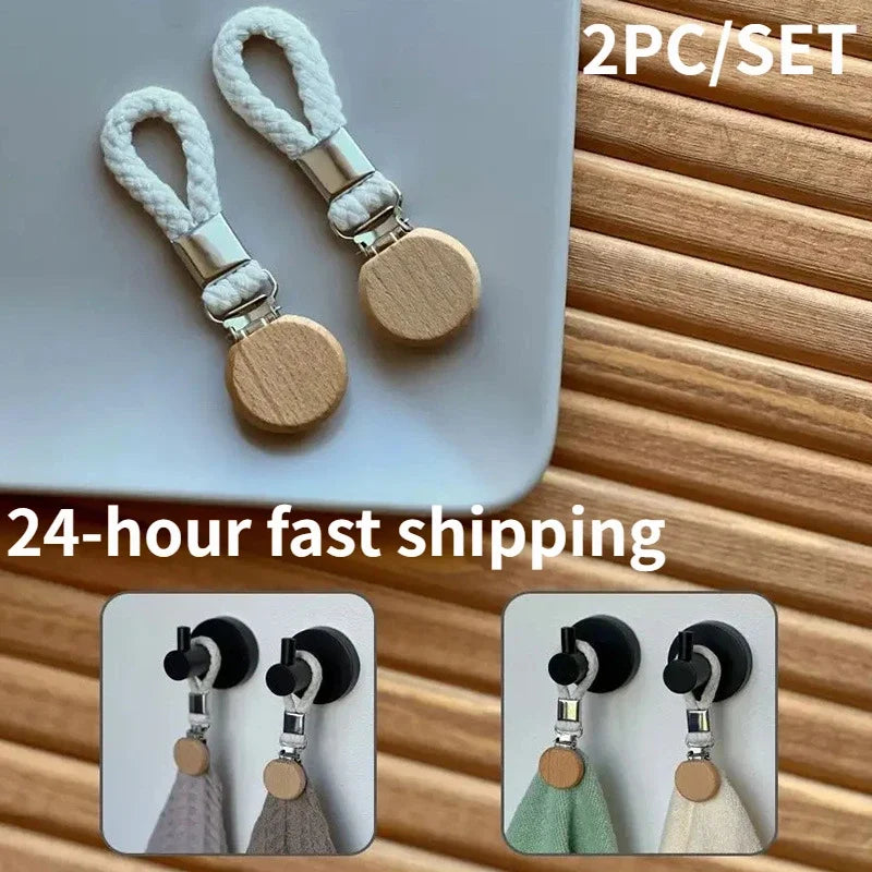 2PCS Towel Clips Braided Cotton Loop Towel With Metal Clamp Multi Purpose Hooks Socks Clothes Hanger Kitchen Home Storage Clips