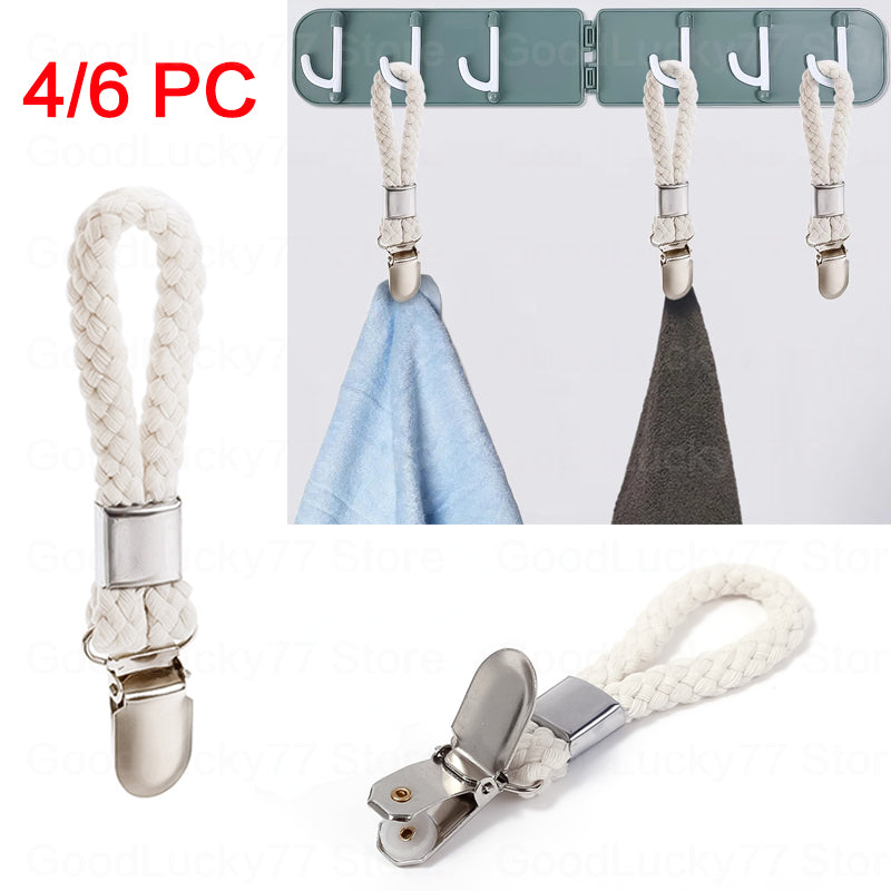 2PCS Towel Clips Braided Cotton Loop Towel With Metal Clamp Multi Purpose Hooks Socks Clothes Hanger Kitchen Home Storage Clips