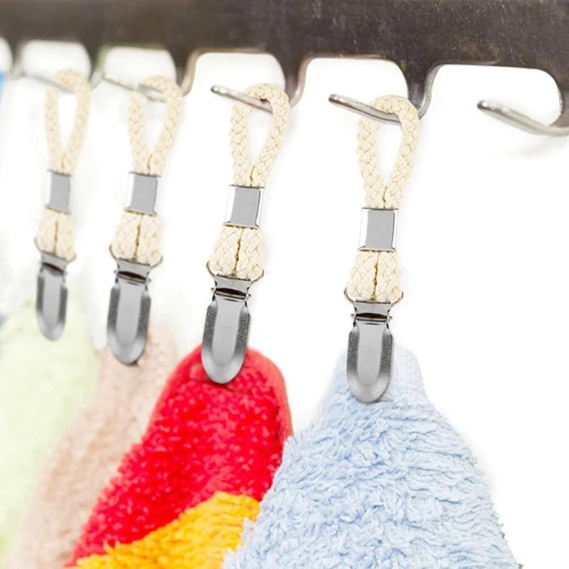 2PCS Towel Clips Braided Cotton Loop Towel With Metal Clamp Multi Purpose Hooks Socks Clothes Hanger Kitchen Home Storage Clips