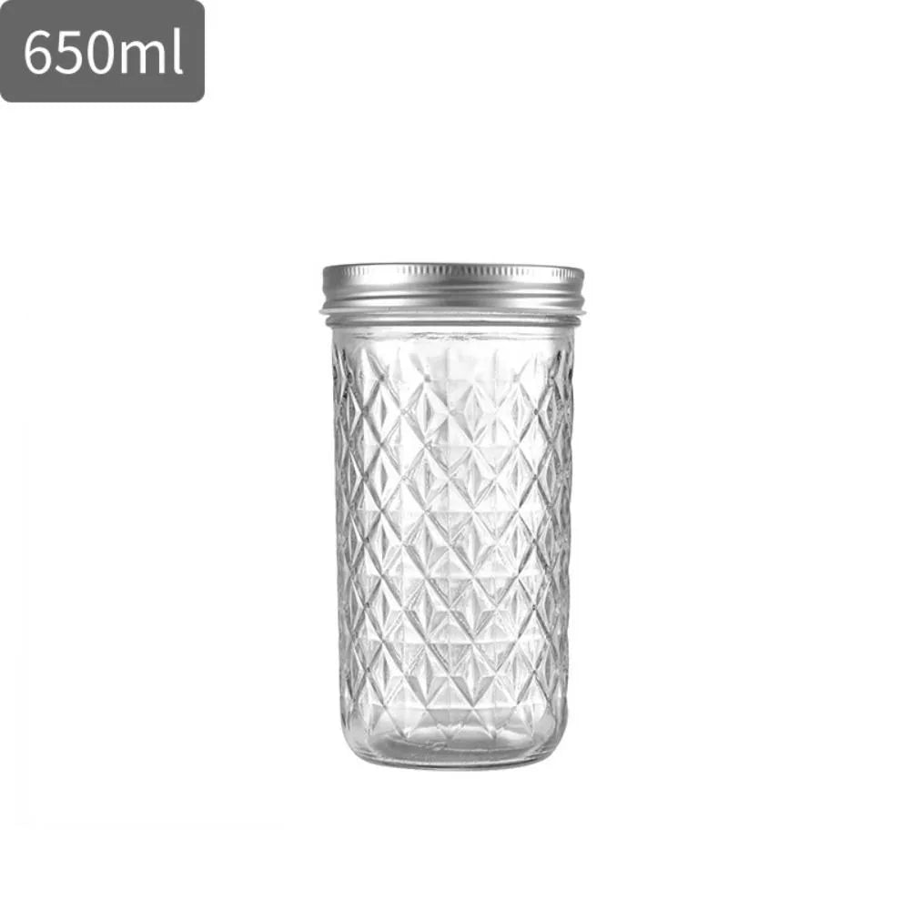 120ml-650ml Transparent Glass Sealed Bottle Mason Jar Diamond Pattern Jam Juice Bottle Labelable Seal Bottle Kitchen Tool