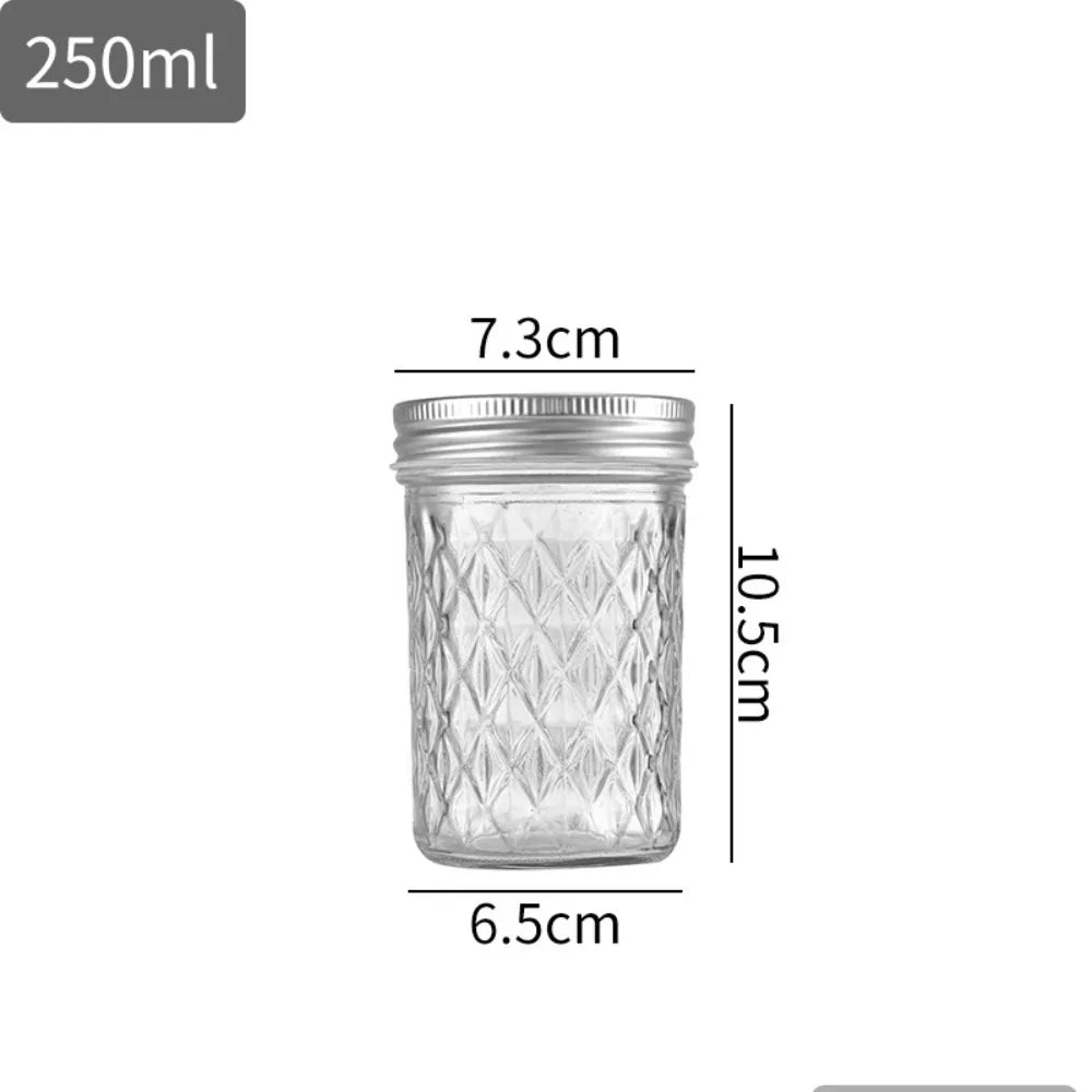 120ml-650ml Transparent Glass Sealed Bottle Mason Jar Diamond Pattern Jam Juice Bottle Labelable Seal Bottle Kitchen Tool