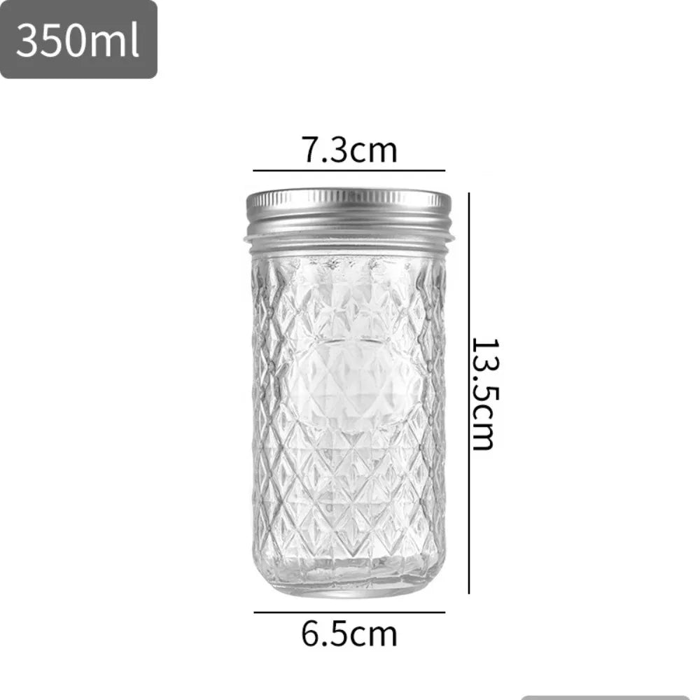 120ml-650ml Transparent Glass Sealed Bottle Mason Jar Diamond Pattern Jam Juice Bottle Labelable Seal Bottle Kitchen Tool