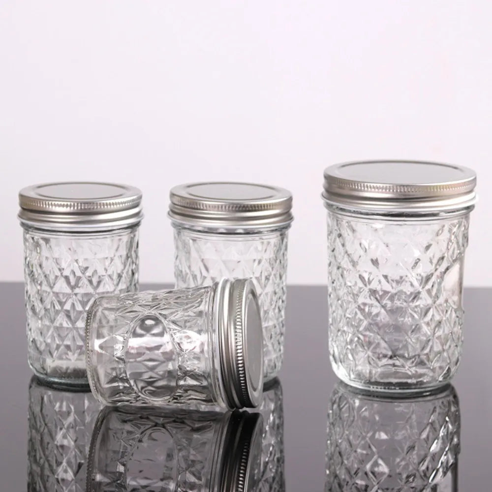 120ml-650ml Transparent Glass Sealed Bottle Mason Jar Diamond Pattern Jam Juice Bottle Labelable Seal Bottle Kitchen Tool